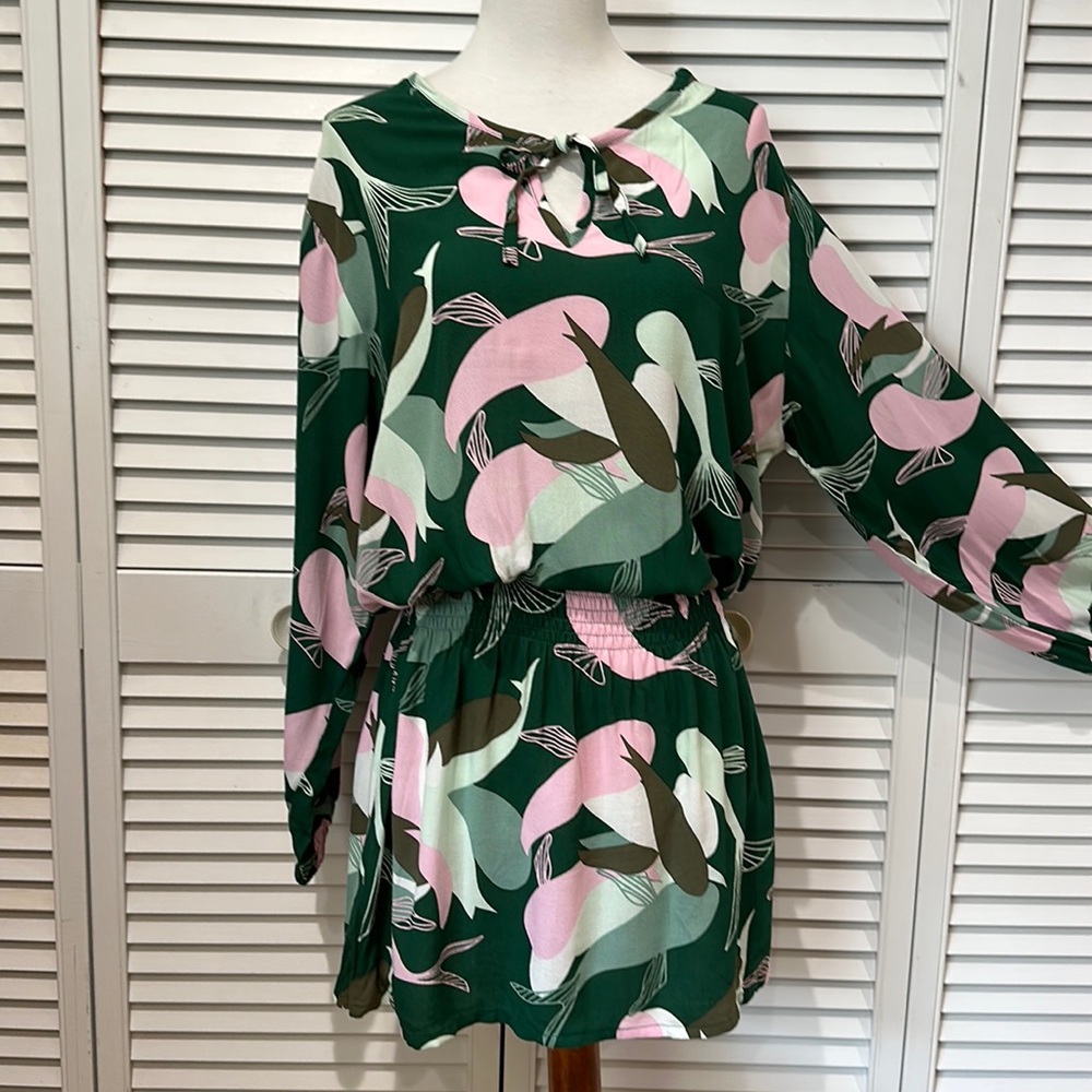 Ava Sky Green and Pink Patterned Mini Dress